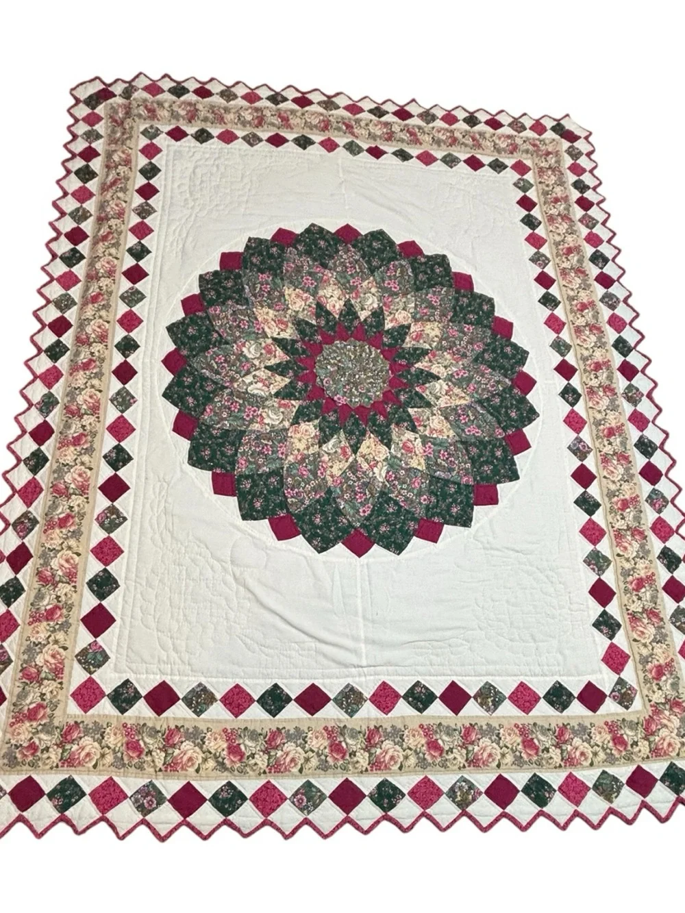 Vint Floral Patchwork Quilt Twin Center Medallion Sawtooth Trim Burgundy Green